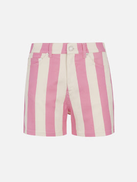 Woman pink striped print denim bermuda Cancun - MC2 Saint Barth