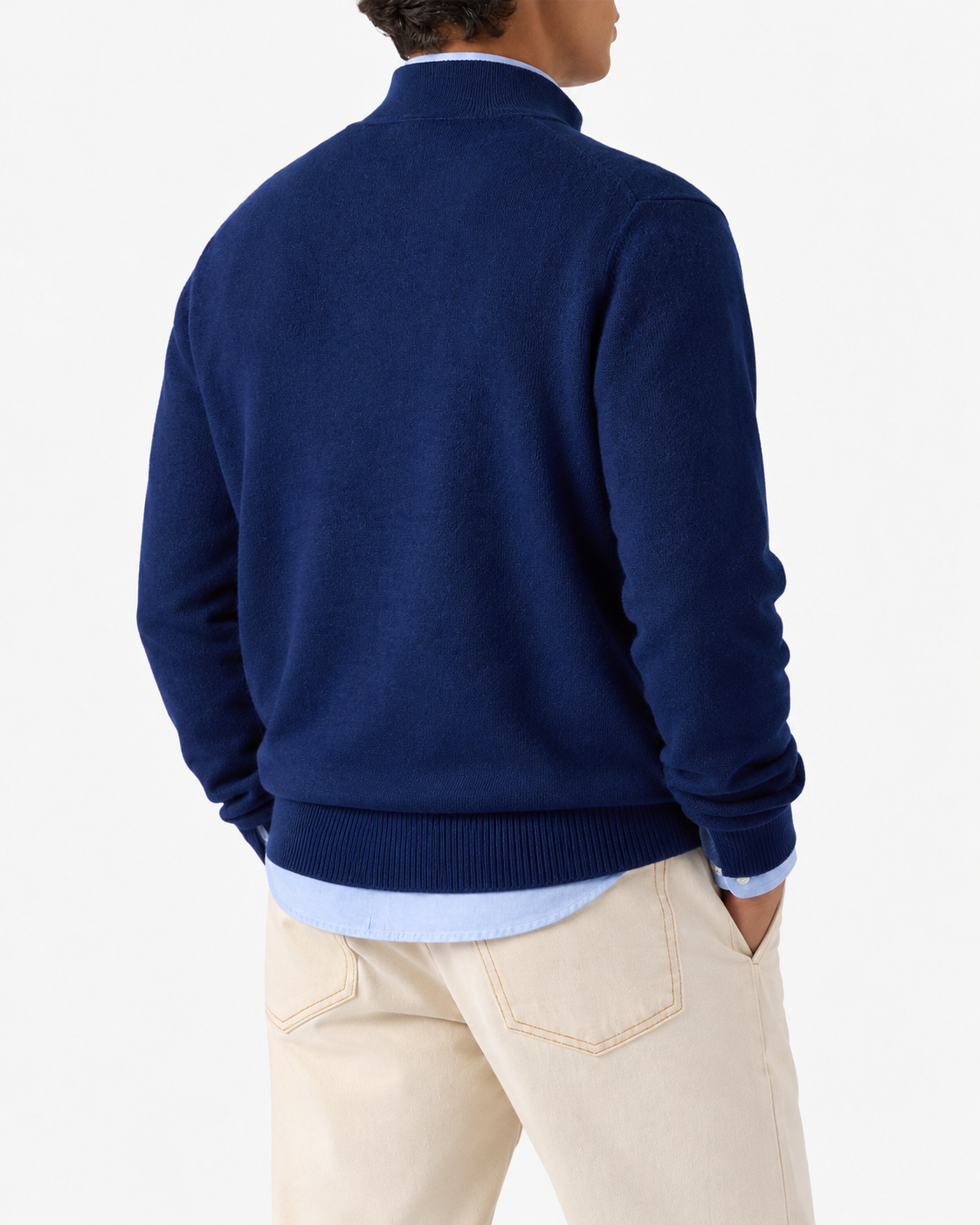 Pullover mit halbem Reißverschluss aus marineblauer Merinowolle und Kaschmir 