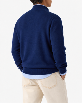 Pullover mit halbem Reißverschluss aus marineblauer Merinowolle und Kaschmir 