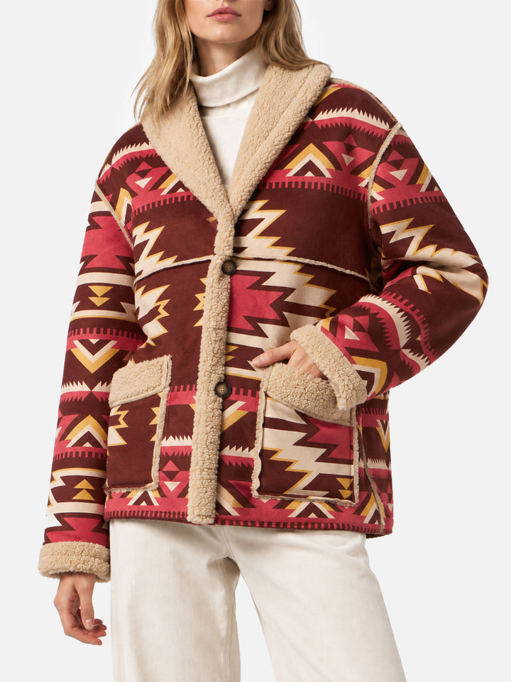 Abrigo reversible de shearling Dorys en beige con motivo étnico 