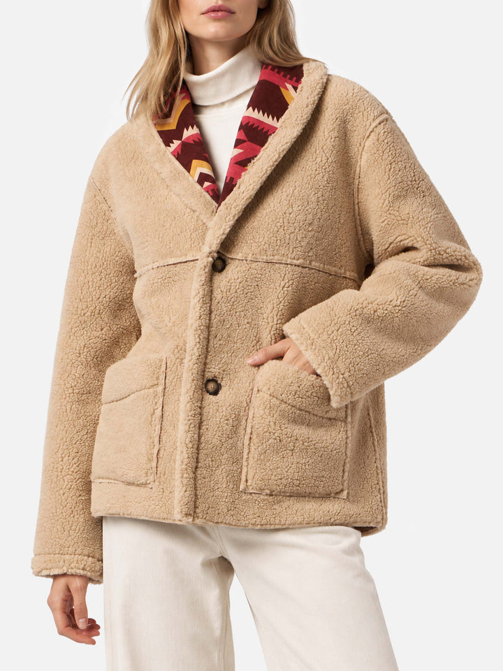 Cappotto Dorys in shearling reversibile beige con fantasia etnica