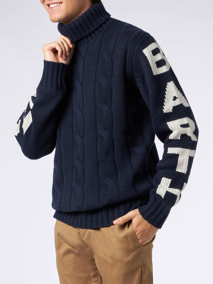 Man navy blue cable knit sweater Fisherman with Saint Barth jacquard - MC2 Saint Barth