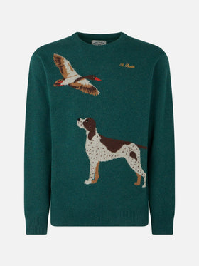 Man crewneck donegal sweater with country dog jacquard