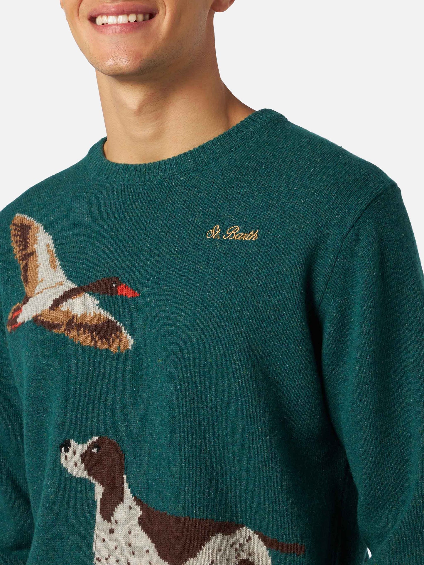 Man crewneck donegal sweater with country dog jacquard