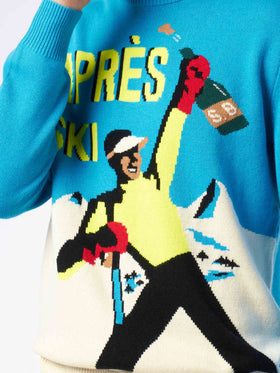 Man crewneck sweater with Après Ski postacard jacquard print