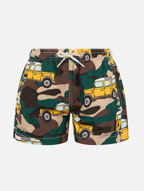 Boy lightweight fabric swim-shorts Jean Lighting with off-road car print - MC2 Saint Barth