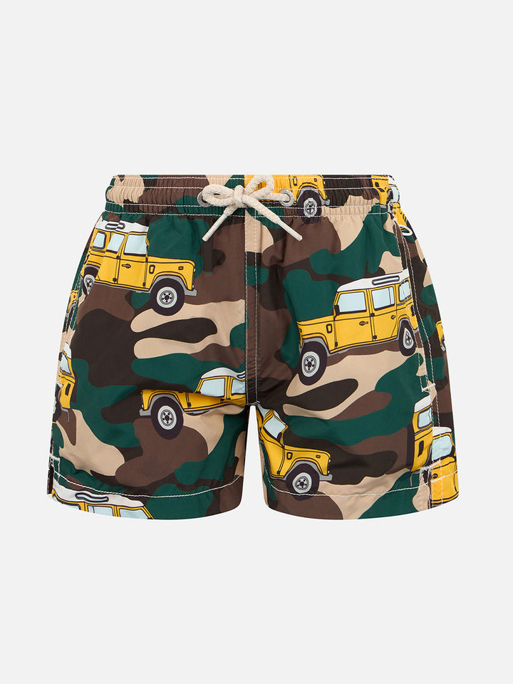 Boy lightweight fabric swim-shorts Jean Lighting with off-road car print - MC2 Saint Barth