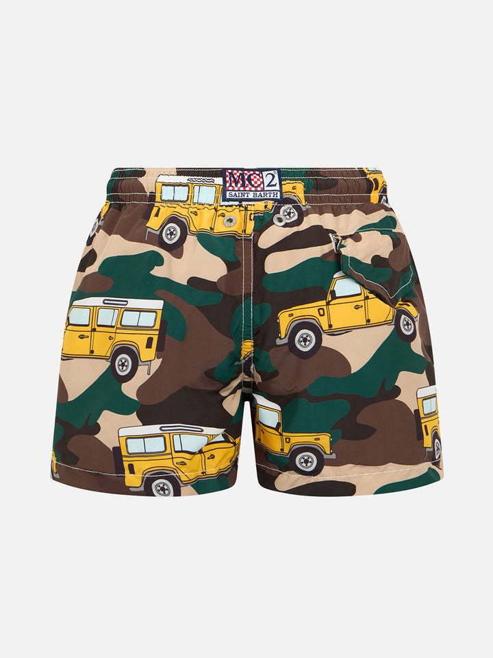 Boy lightweight fabric swim-shorts Jean Lighting with off-road car print - MC2 Saint Barth