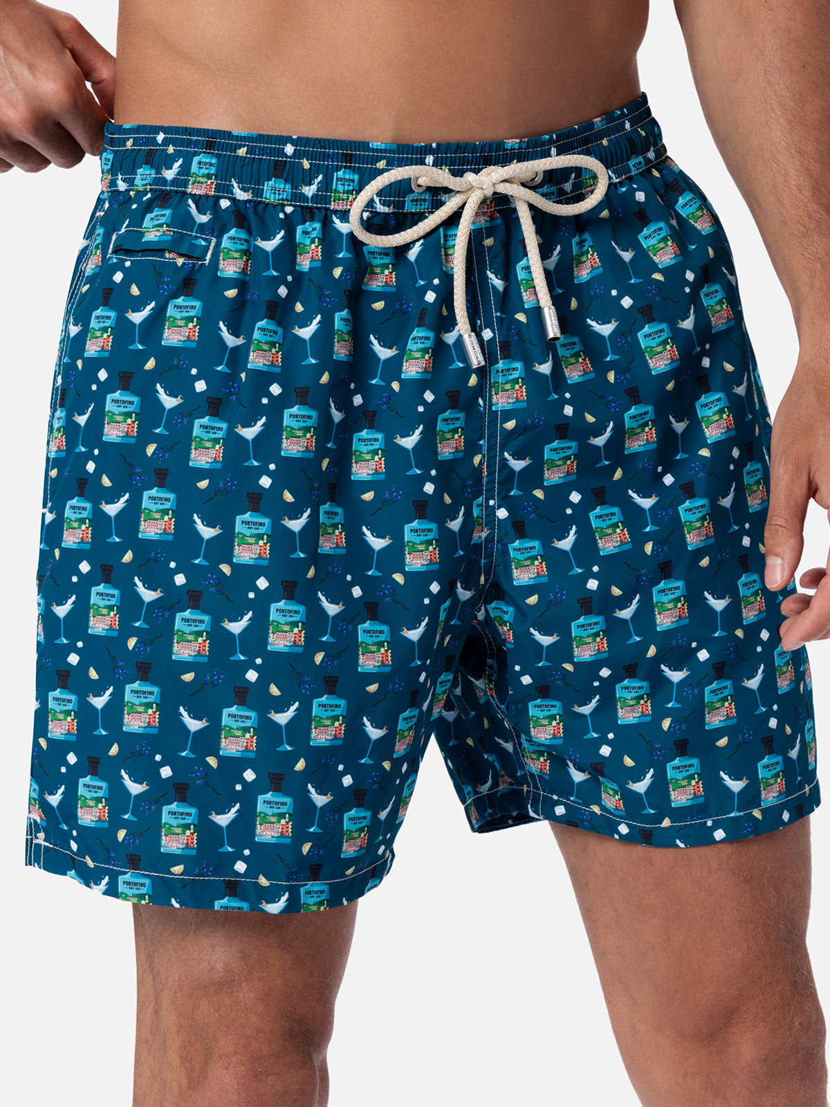 Man lightweight fabric swim-shorts Lighting Micro Fantasy with Gin Tonic Portofino Gin print | PORTOFINO DRY GIN SPECIAL EDITION - MC2 Saint Barth