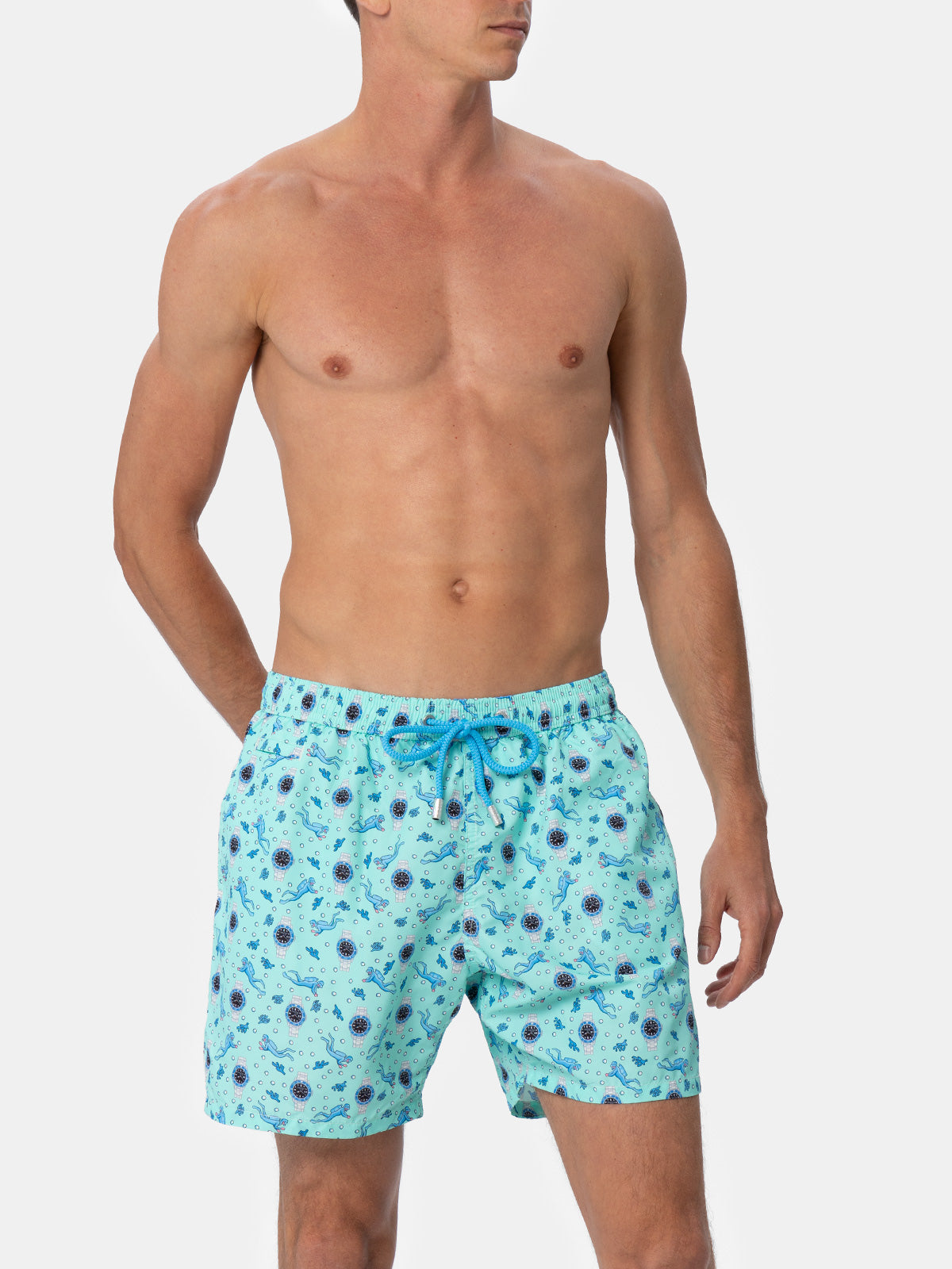Man lightweight fabric swim-shorts Lighting Micro Fantasy with watches print - MC2 Saint Barth