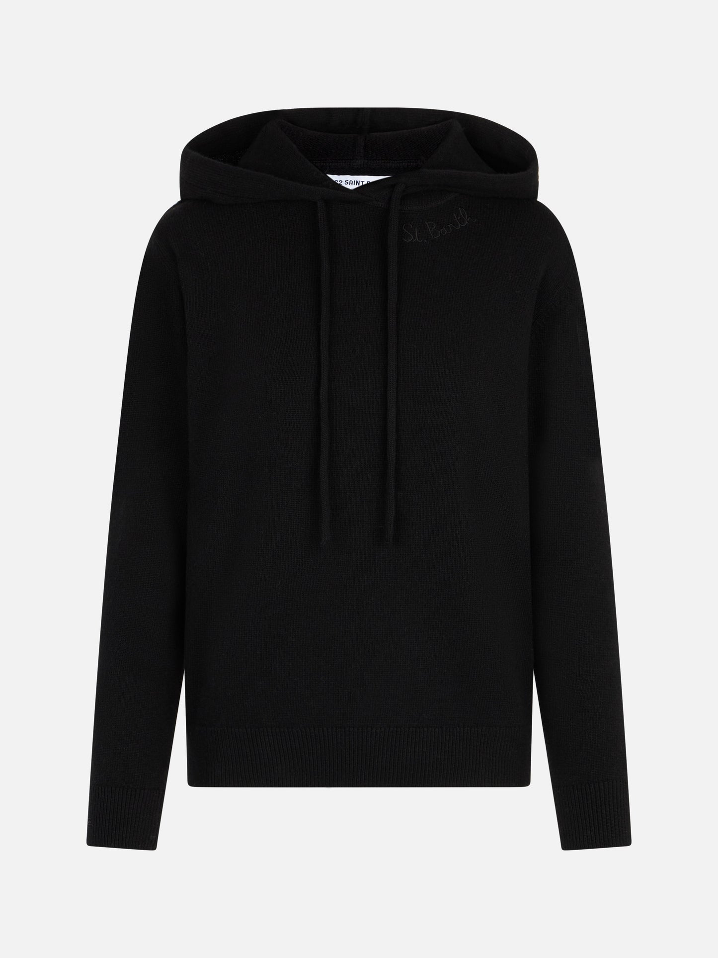 Woman black knitted hoodie with St. Barth embroidery