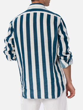 Marineblau gestreiftes Leinenhemd für Herren Pamplona
