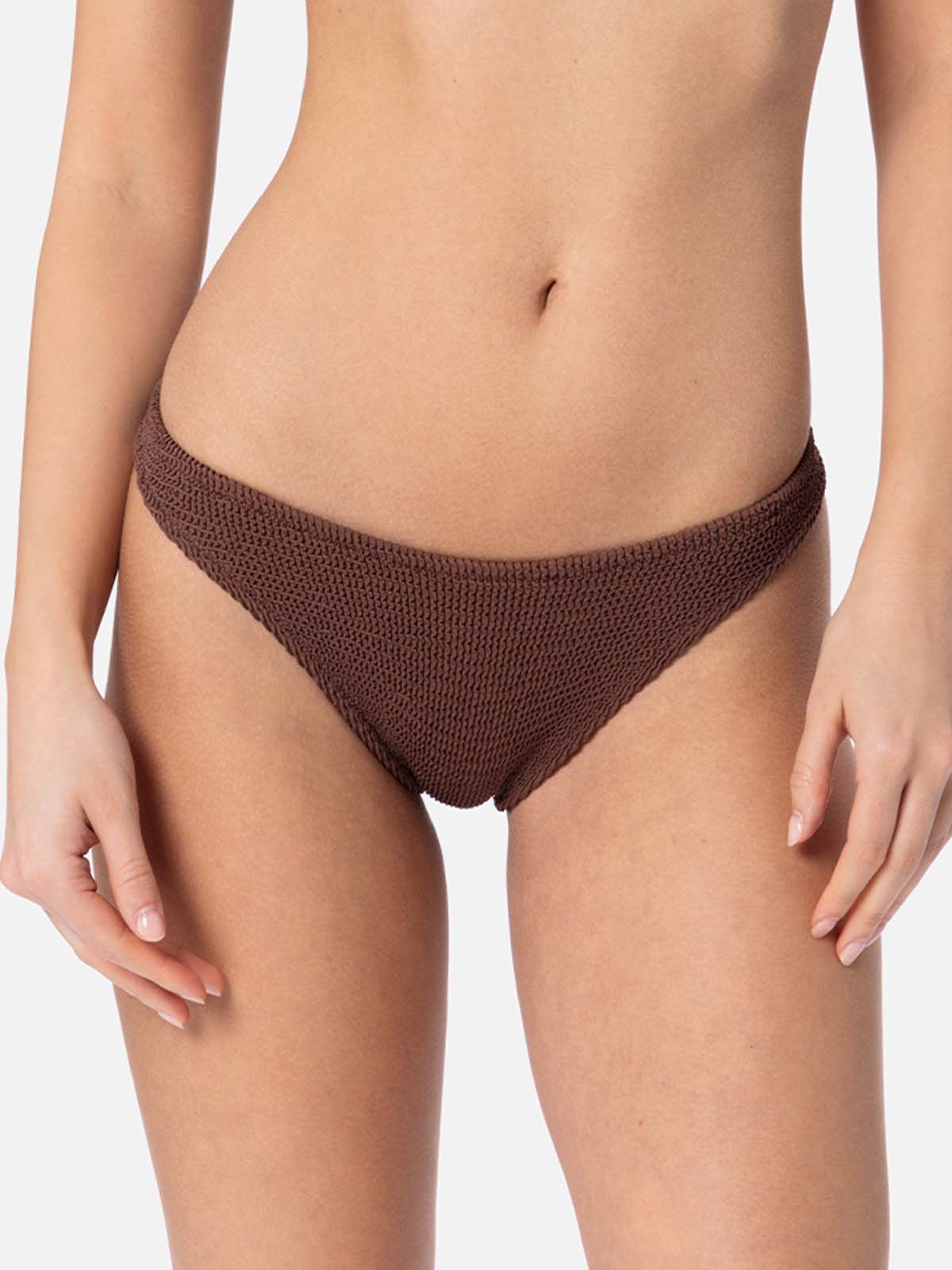 Woman brown crinkle cheeky swim briefs Naomi