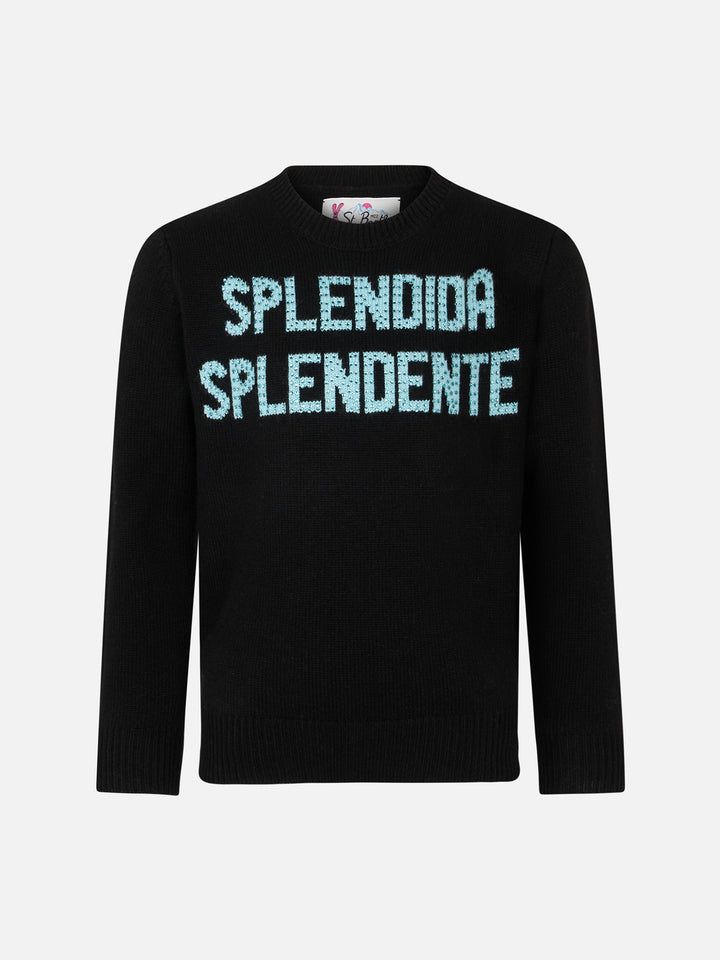Girl crewneck black sweater with Splendida Splendente rhinestones print | NIKI DJ SPECIAL EDITION - MC2 Saint Barth