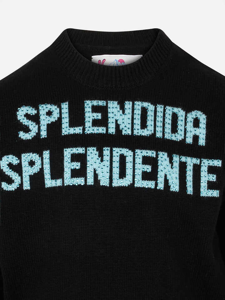 Girl crewneck black sweater with Splendida Splendente rhinestones print | NIKI DJ SPECIAL EDITION - MC2 Saint Barth