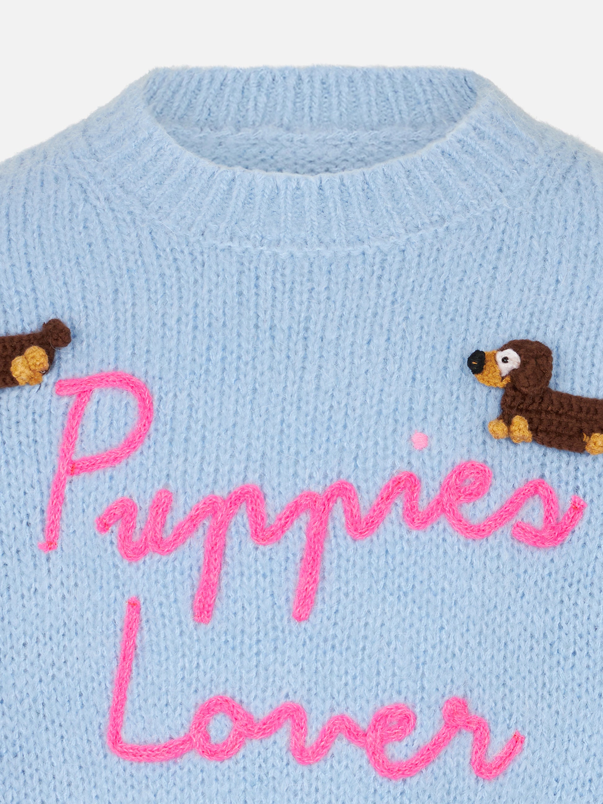 Girl crewneck soft sweater with dogs crochet patch and Puppies Lover embroidery - MC2 Saint Barth