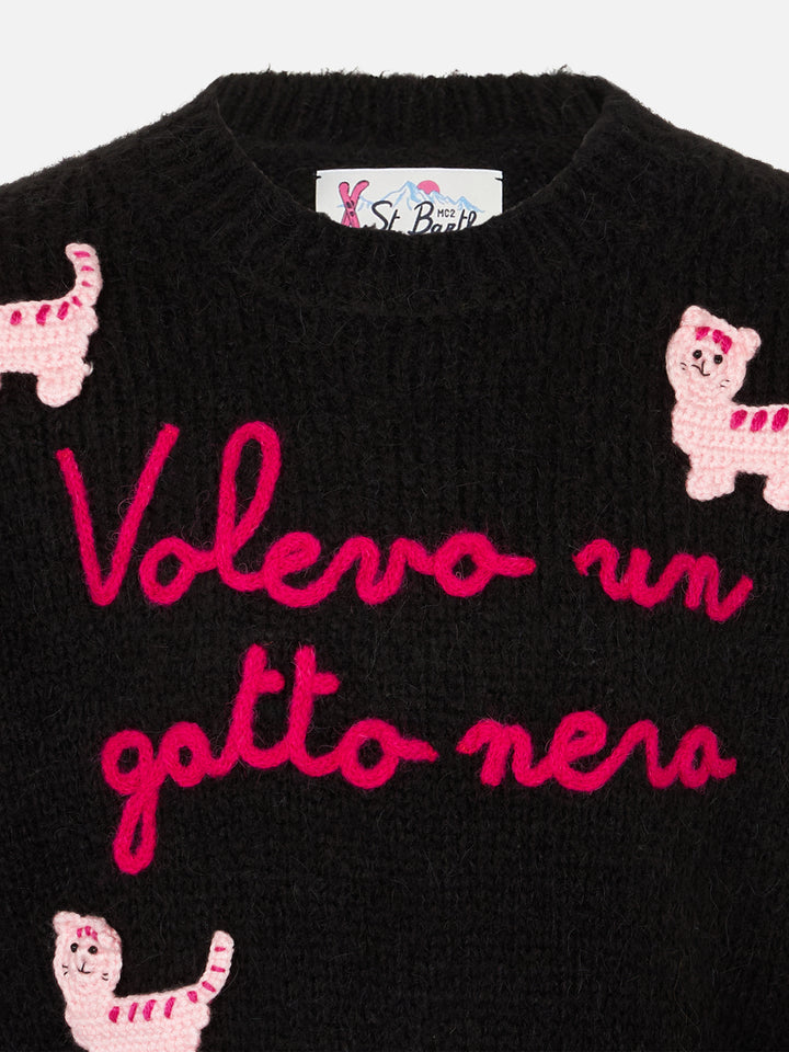 Girl crewneck soft sweater with cats crochet patch and Volevo un Gatto Nero embroidery - MC2 Saint Barth