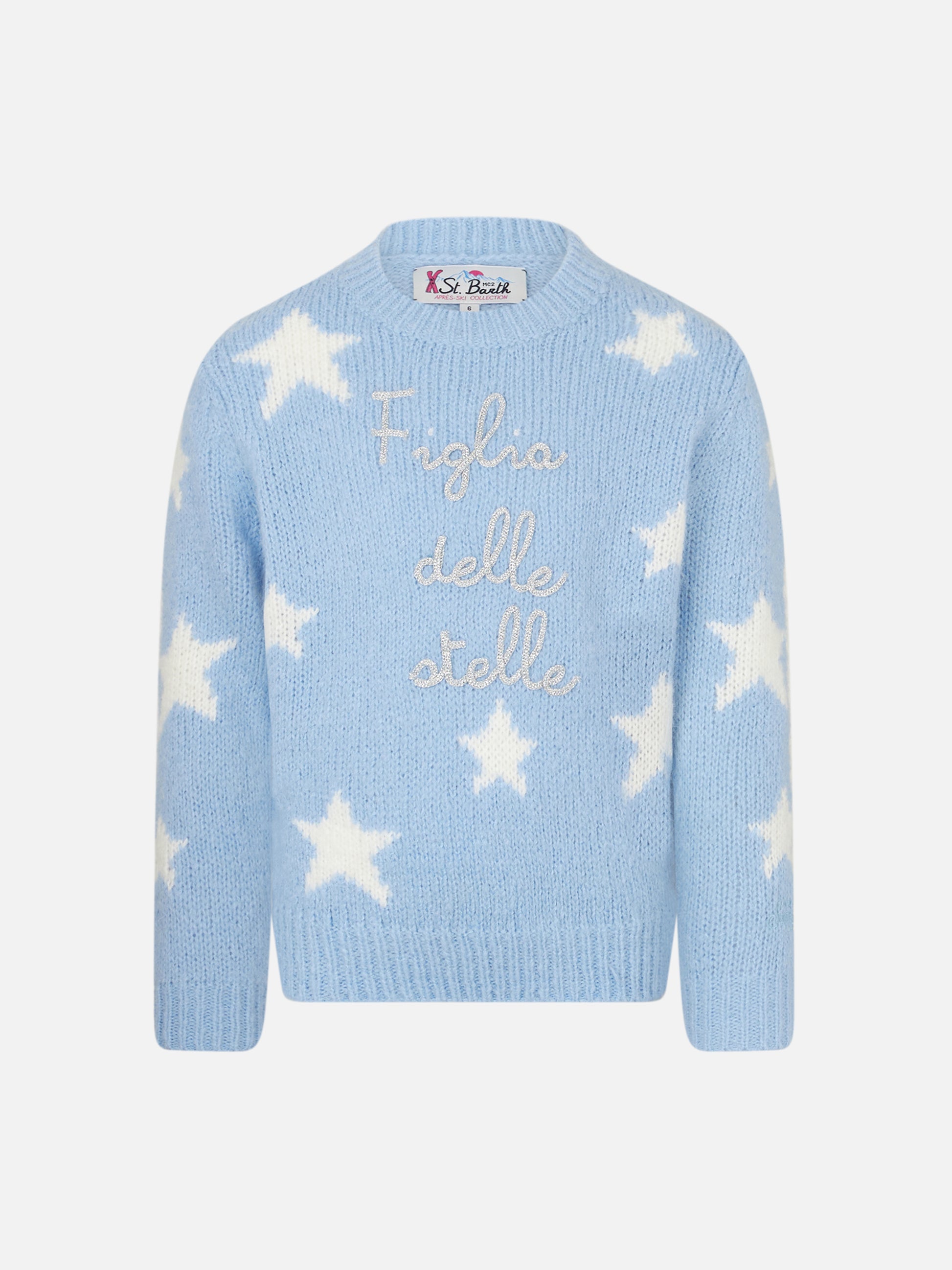 Girl crewneck soft sweater with stars and Figlia delle Stelle embroidery | NIKI DJ SPECIAL EDITION - MC2 Saint Barth