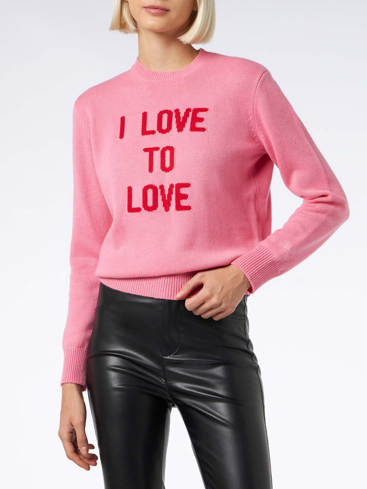 Woman crewneck pink sweater I love to Love jacquard | NIKI DJ SPECIAL EDITION - MC2 Saint Barth