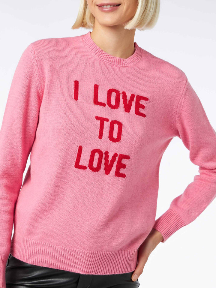 Woman crewneck pink sweater I love to Love jacquard | NIKI DJ SPECIAL EDITION - MC2 Saint Barth
