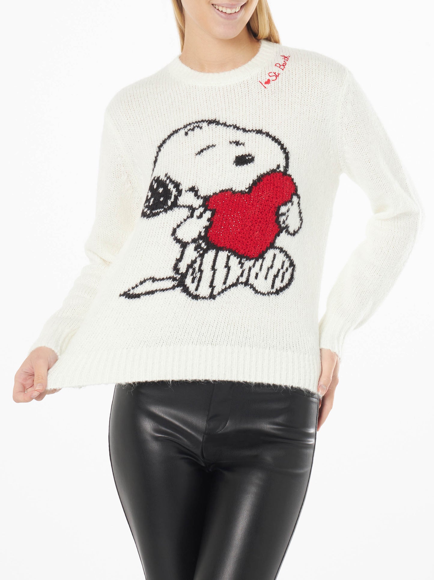 Maglione da donna girocollo con jacquard Snoopy e Woodstock e cuore in strass | EDIZIONE SPECIALE SNOOPY PEANUTS™