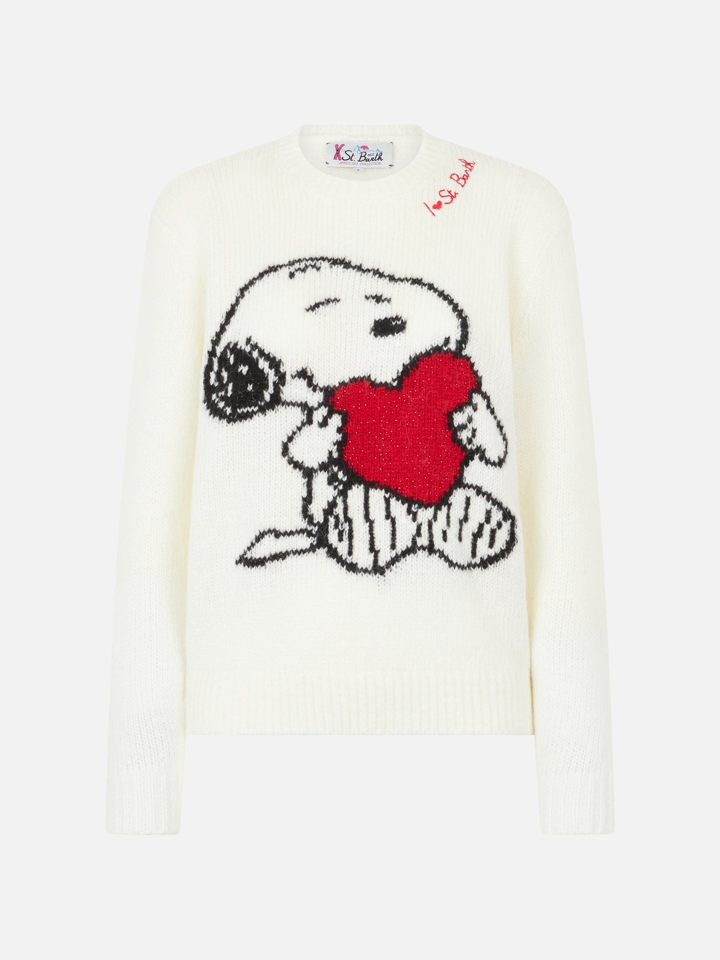 Maglione da donna girocollo con jacquard Snoopy e Woodstock e cuore in strass | EDIZIONE SPECIALE SNOOPY PEANUTS™