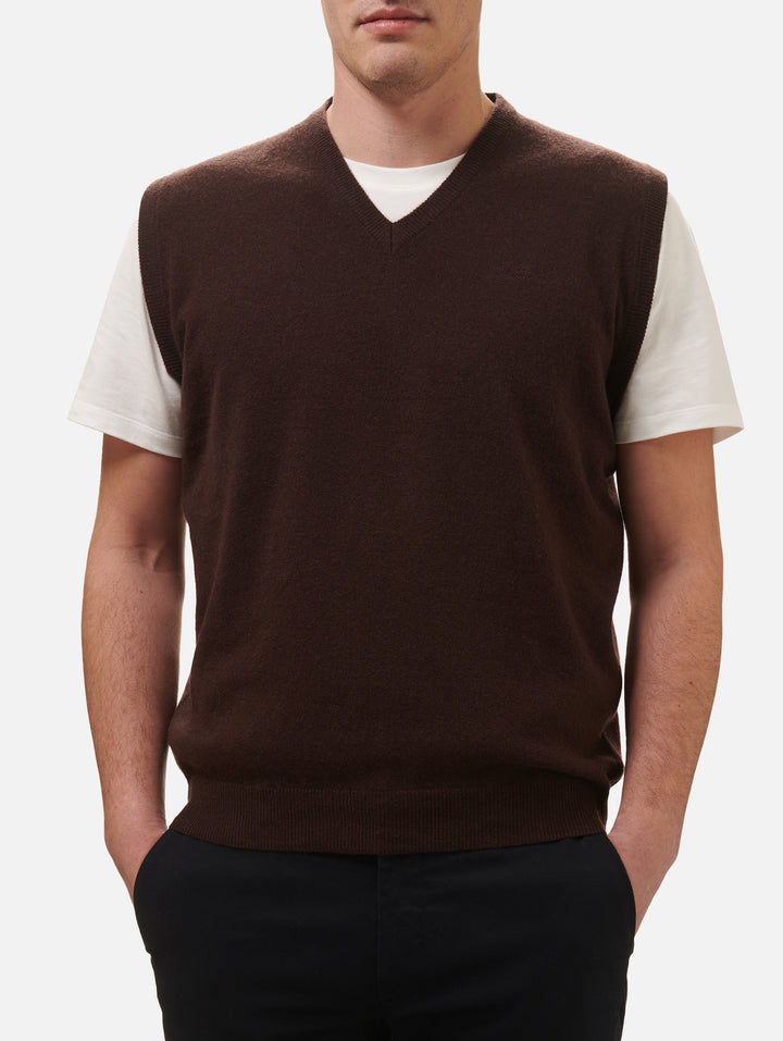 Gilet homme marron en mélange de cachemire à col V Russel 