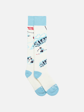 Man long socks with Après Ski School postcard jacquard placed print