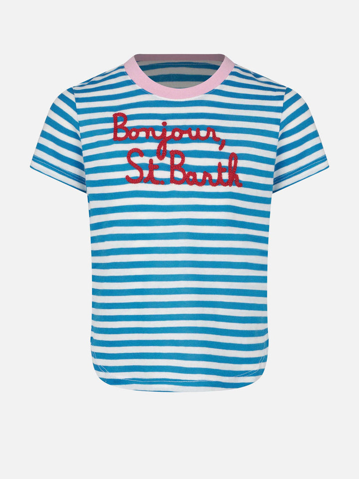 Girl striped t-shirt with Bonjour St. Barth embroidery - MC2 Saint Barth