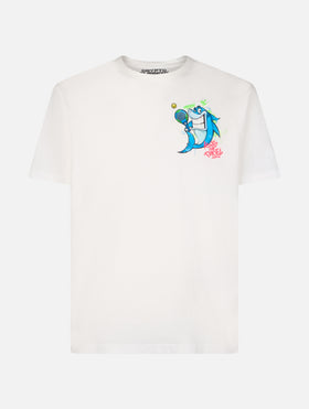 T-shirt en coton pour homme avec imprimé placé Crypto puppets Shark Padel devant et au dos | CRYPTO PUPPETS SPECIAL EDITION 