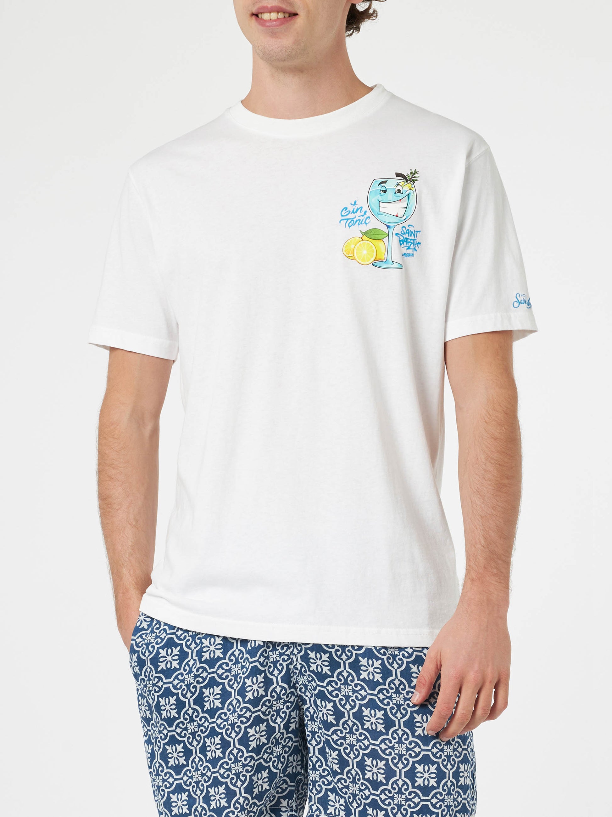 Man cotton t-shirt with Cryptopuppets Gin Tonic front and back placed print | CRYPTOPUPPETS SPECIAL EDITION - MC2 Saint Barth