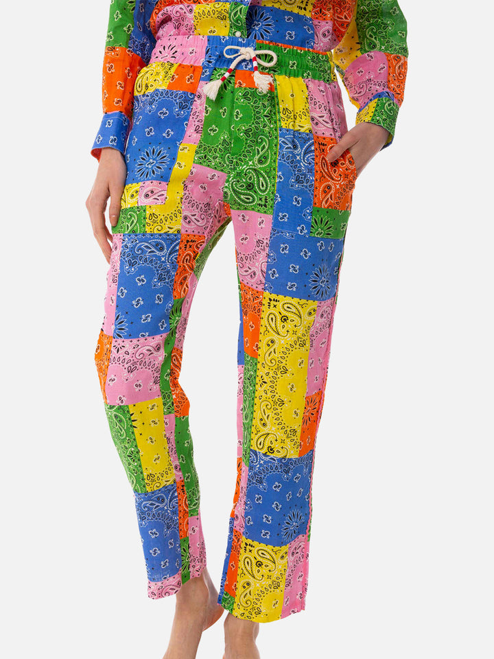 Woman linen pants with multicolor bandanna print - MC2 Saint Barth