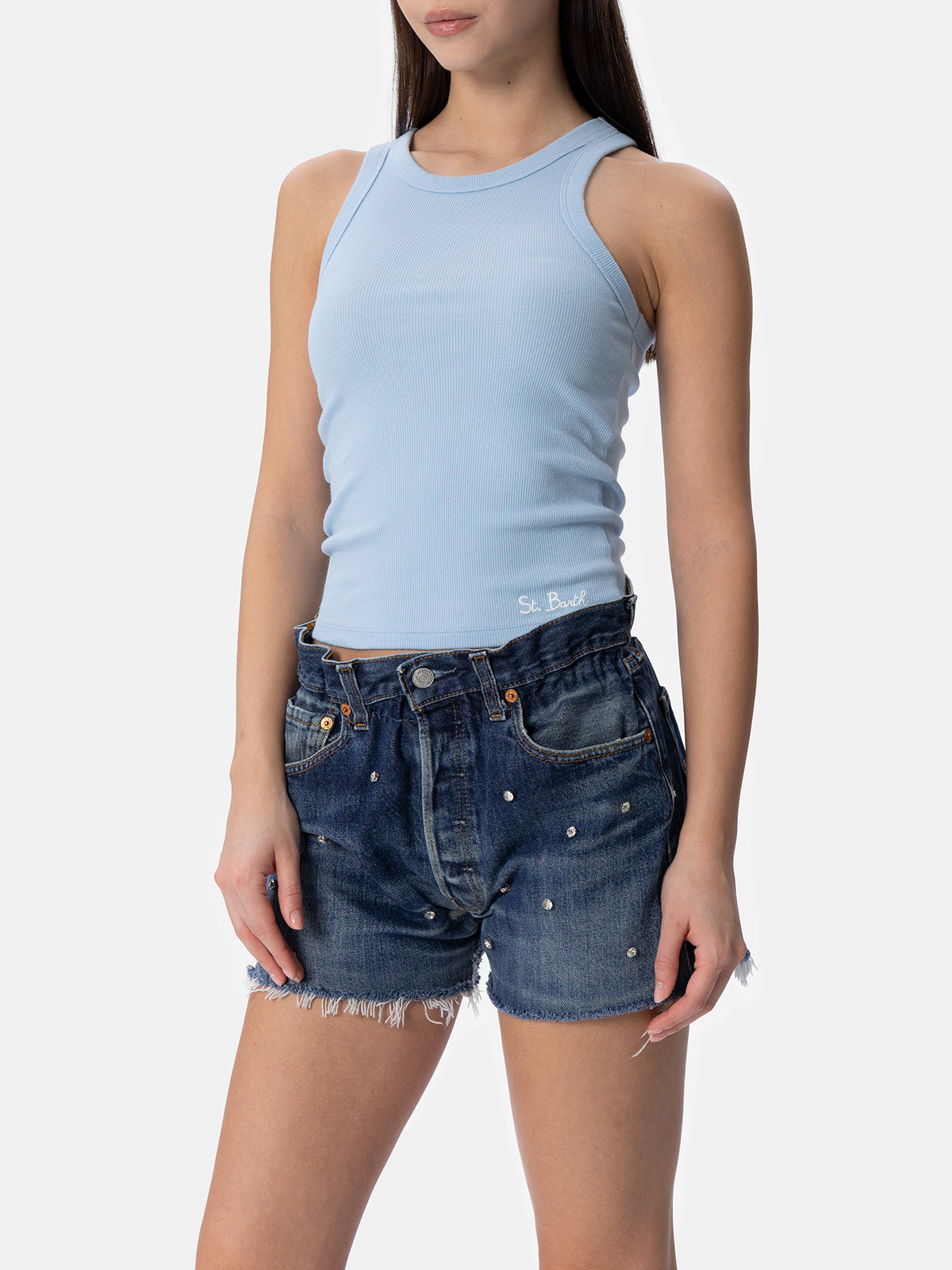 Ada light blue ribbed cotton tank top - MC2 Saint Barth
