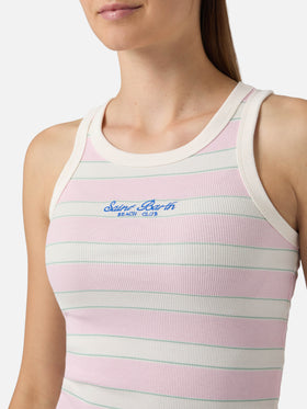 Débardeur Ada rayé rose avec broderie beach club 