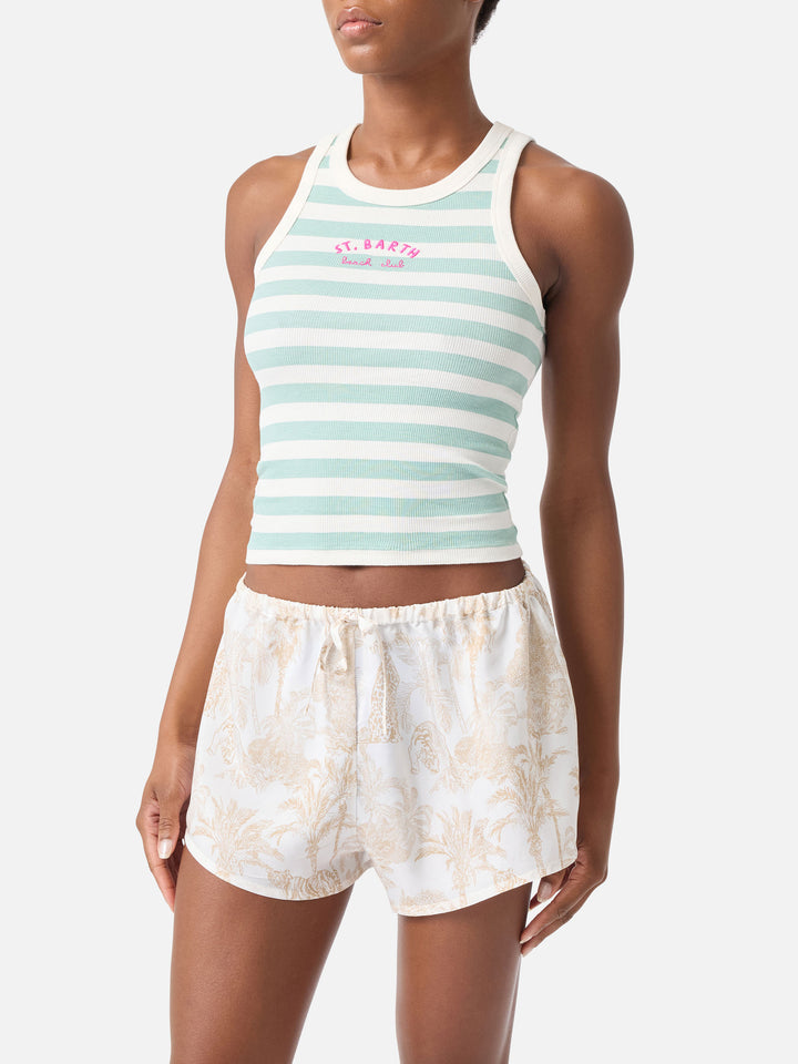 Sage green striped Ada tank top with beach club embroidery