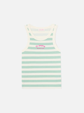 Sage green striped Ada tank top with beach club embroidery