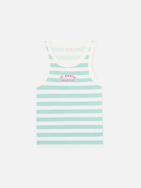 Sage green striped Ada tank top with beach club embroidery
