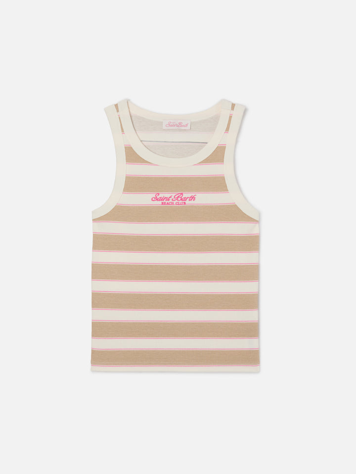 Canottiera Ada a righe beige con ricamo beach club