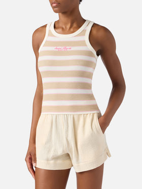 Débardeur Ada rayé beige avec broderie beach club 