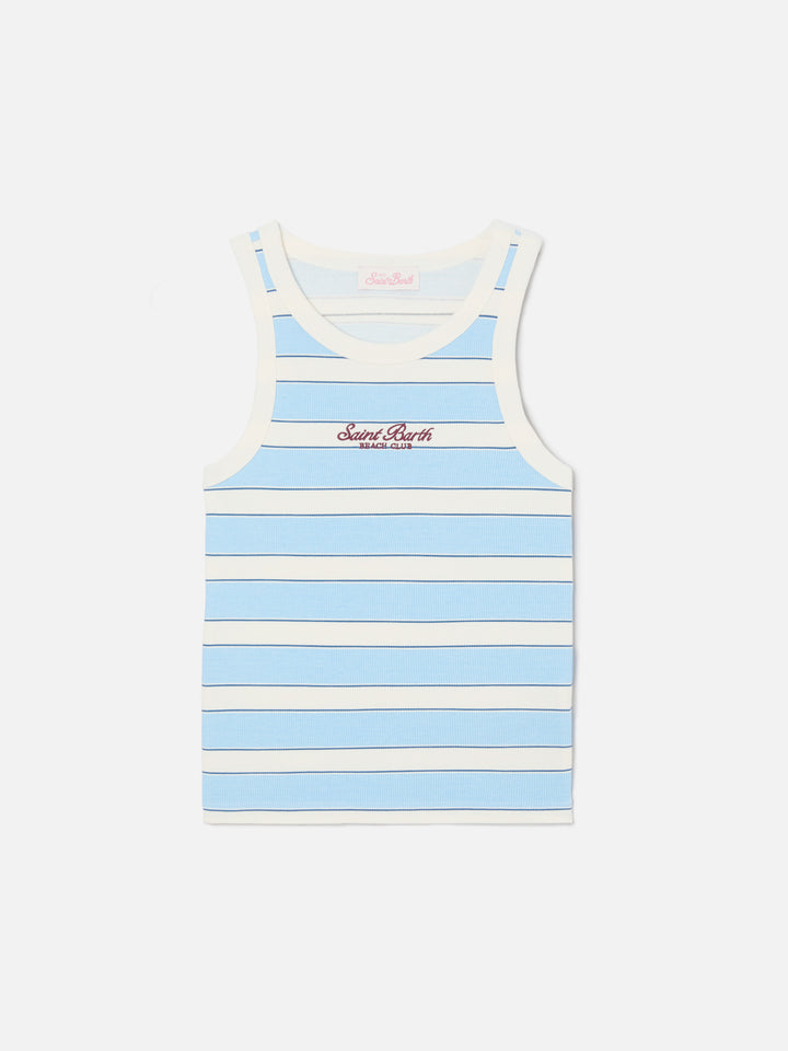 Débardeur Ada à rayures bleu clair avec broderie beach club 