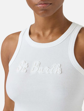 Ribbed white Ada tank top with raised logo patch