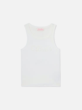 Ribbed white Ada tank top with raised logo patch