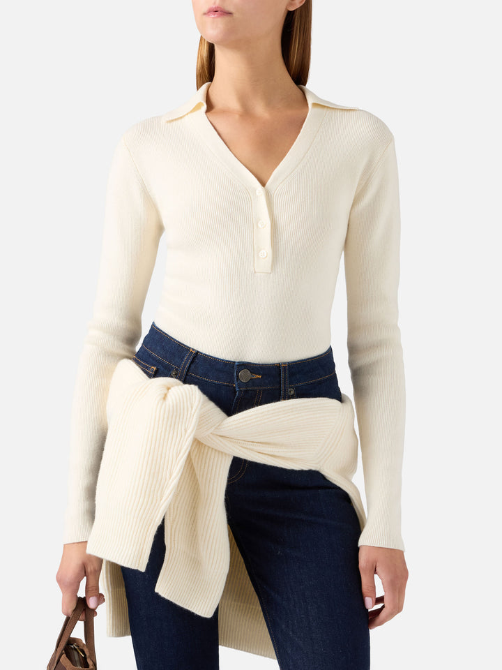 Body de punto de lana Aelis off white con cuello polo 
