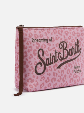 Aline Pouch in wool-effect fabric with pink leopard print