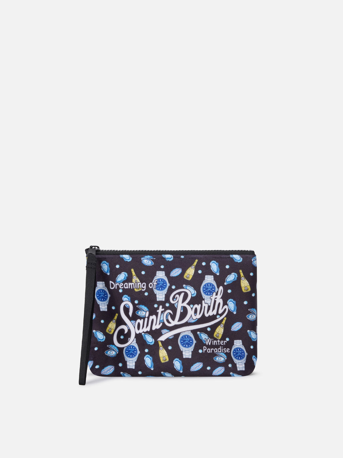 Aline negro pochette con estampado de ostras y relojes 