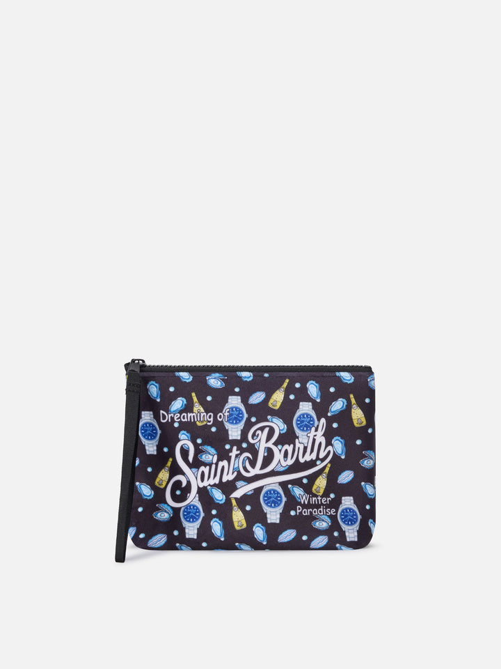 Black Aline pochette with oysters and watches print