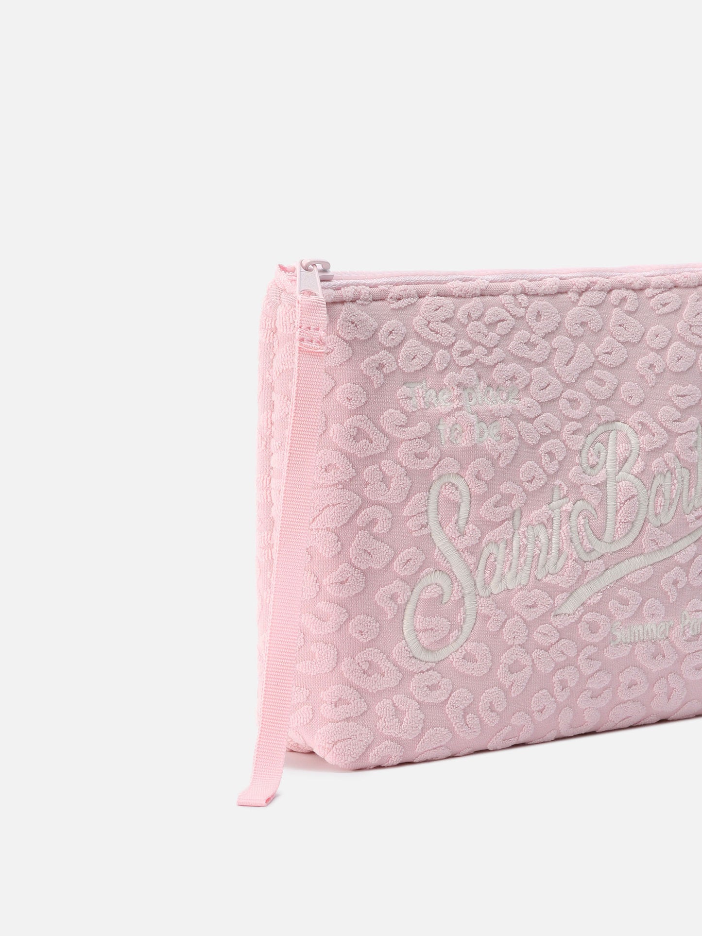 Aline terry-effect pouch with pink embossed leopard pattern