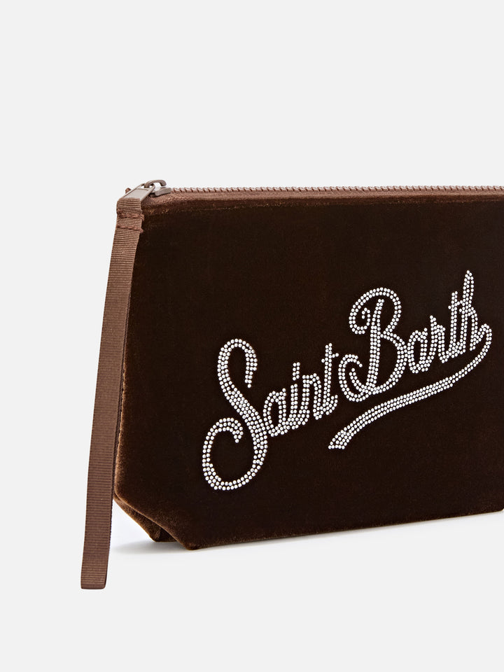 Bronzefarbener Aline-Samt pochette mit Strasslogo 