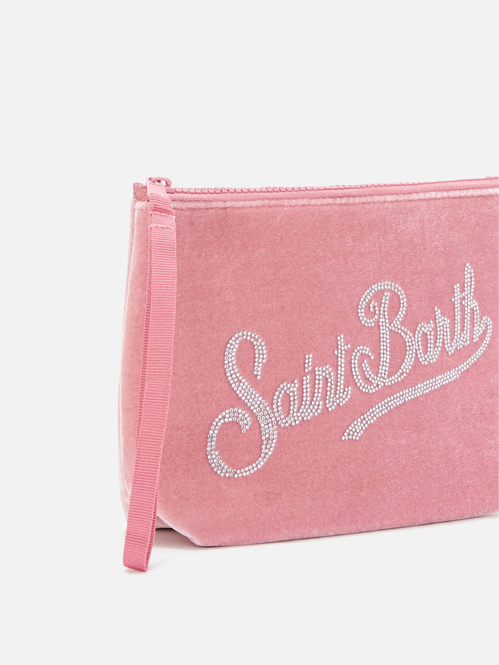 Rosa Aline aus Samt pochette mit Strass-Logo 