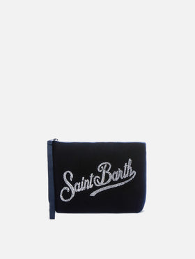 Aline blue velvet-effect scuba pouch with rhinestone logo